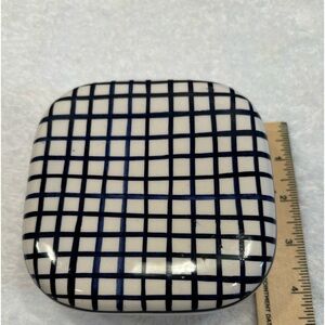 Pre-owned hand-painted porcelain white and blue striped trinket box